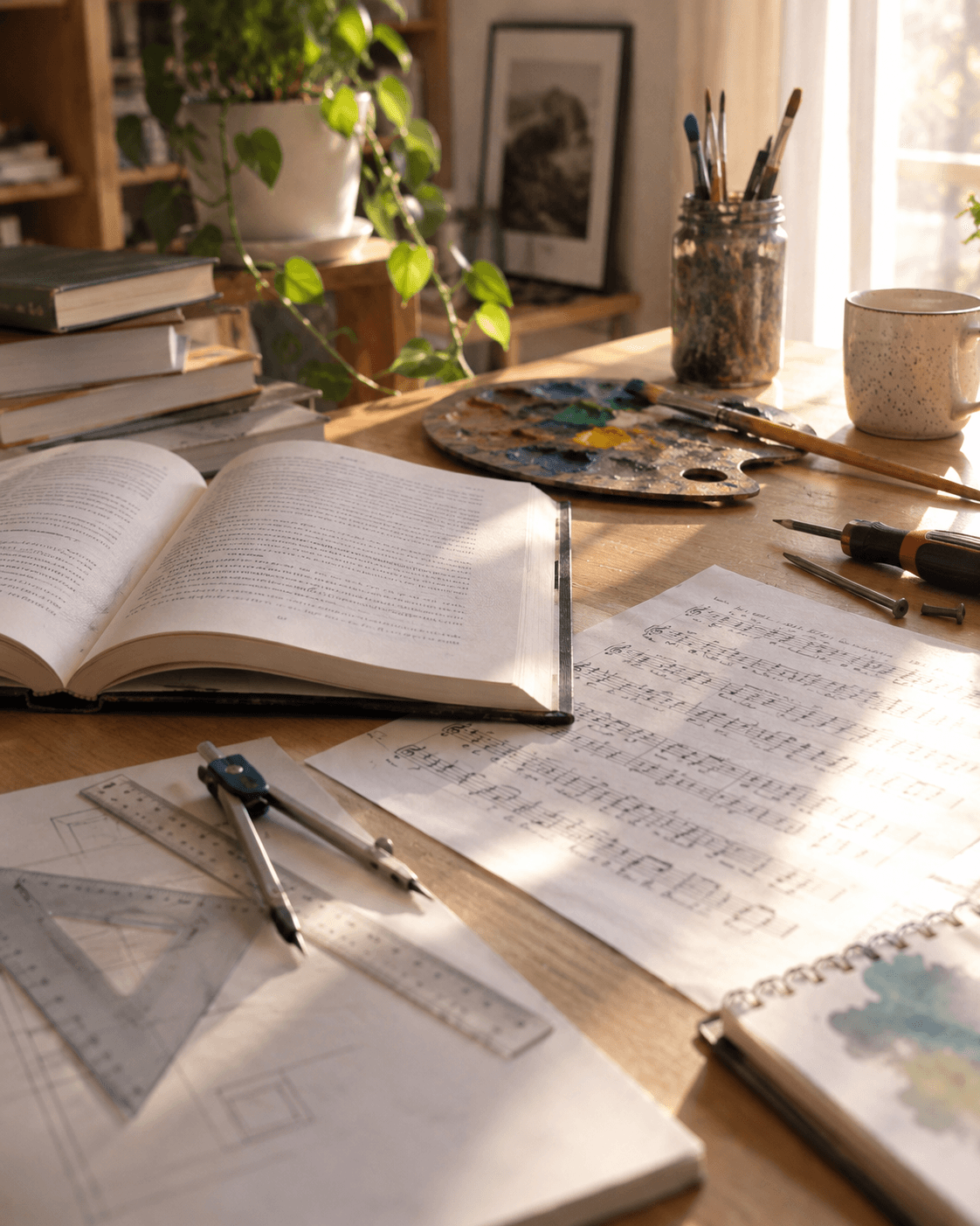 Objets variés sur un bureau évoquant des formes différentes de talent : dessin, musique, sciences