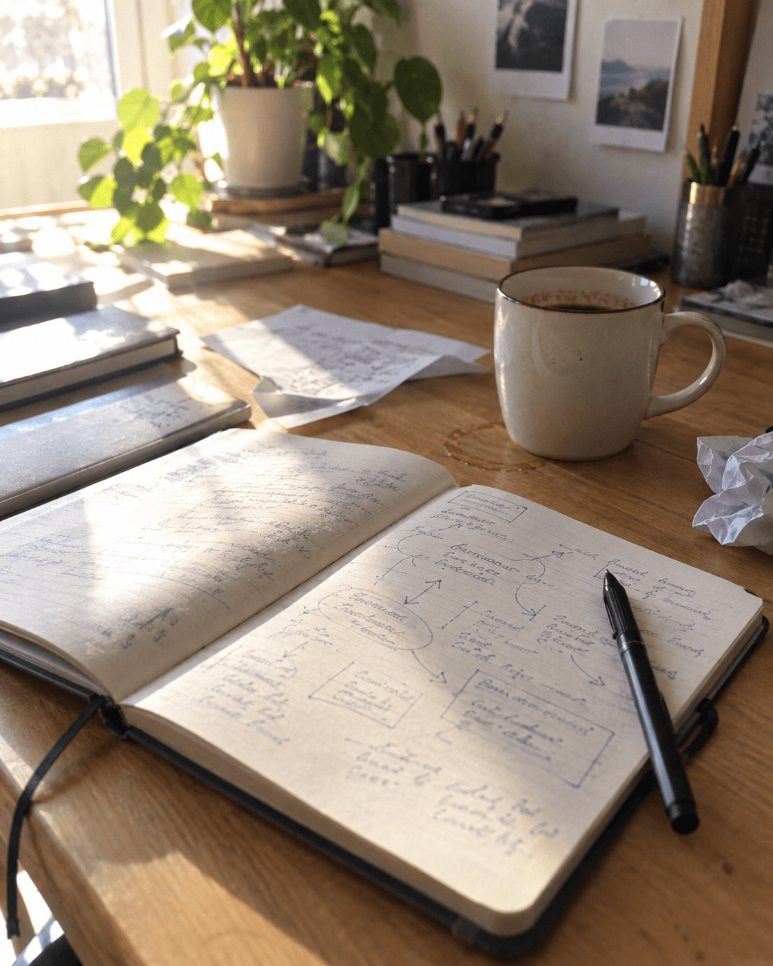 Carnet de notes manuscrites ouvert sur un bureau, point de départ de la réflexion du projet